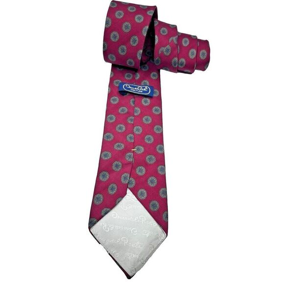VTG OSCAR DE LA RENTA Couture MAROON BLUE Oval Print  Men's NECK TIE - Picture 9 of 14